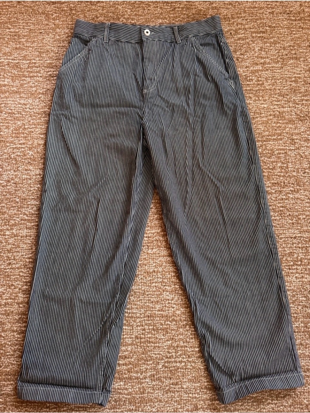 KOTN Navy White Pinstripe Cropped Utility Pants Size 28 Relaxed Fit